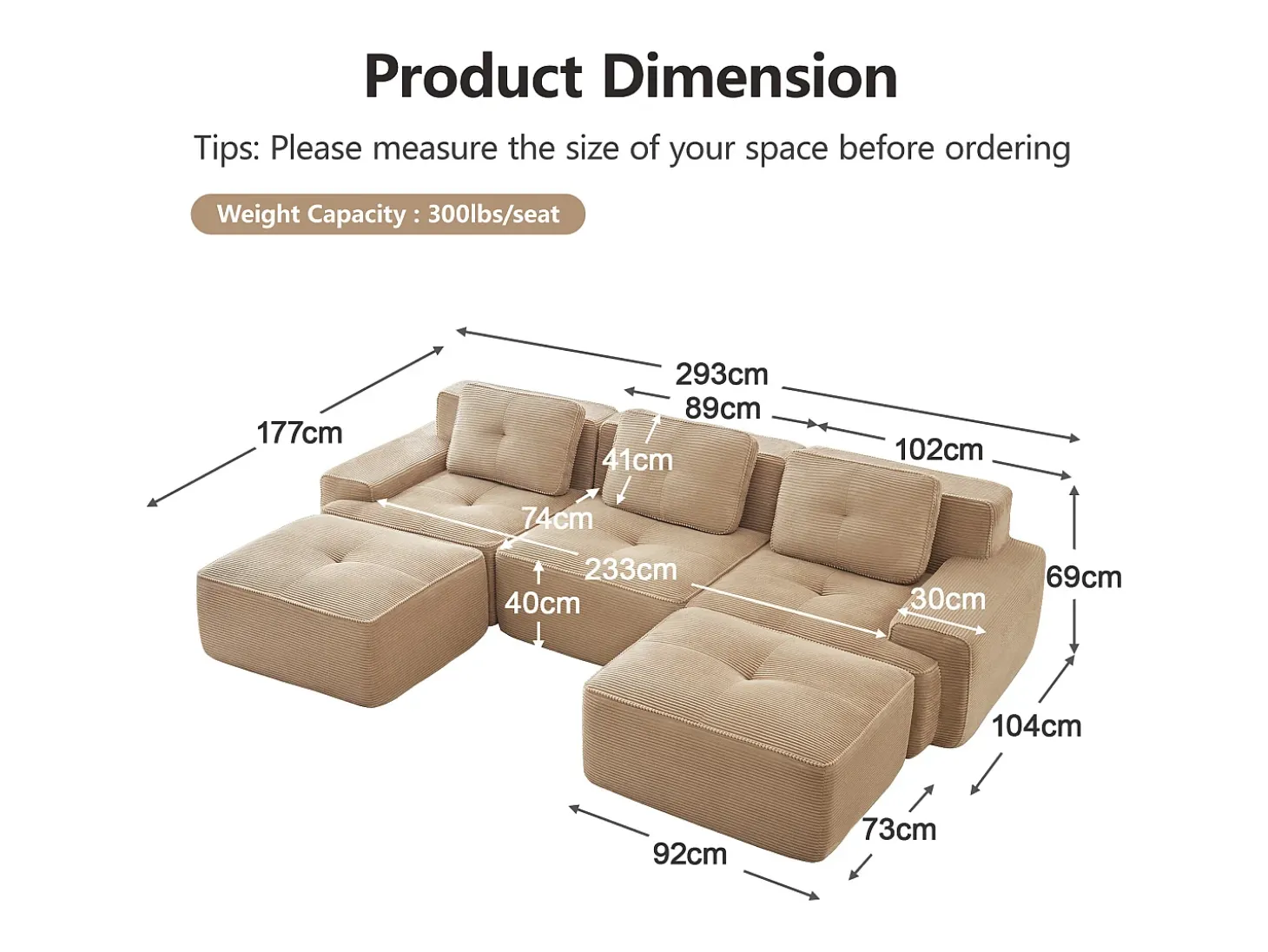 Sofá de Canto Modular Forma de U em Veludo cotelê, com 2 puffs e 3 almofadas, 293x177x69cm, Bege