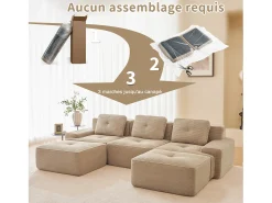 Sofá de Canto Modular Forma de U em Veludo cotelê, com 2 puffs e 3 almofadas, 293x177x69cm, Bege