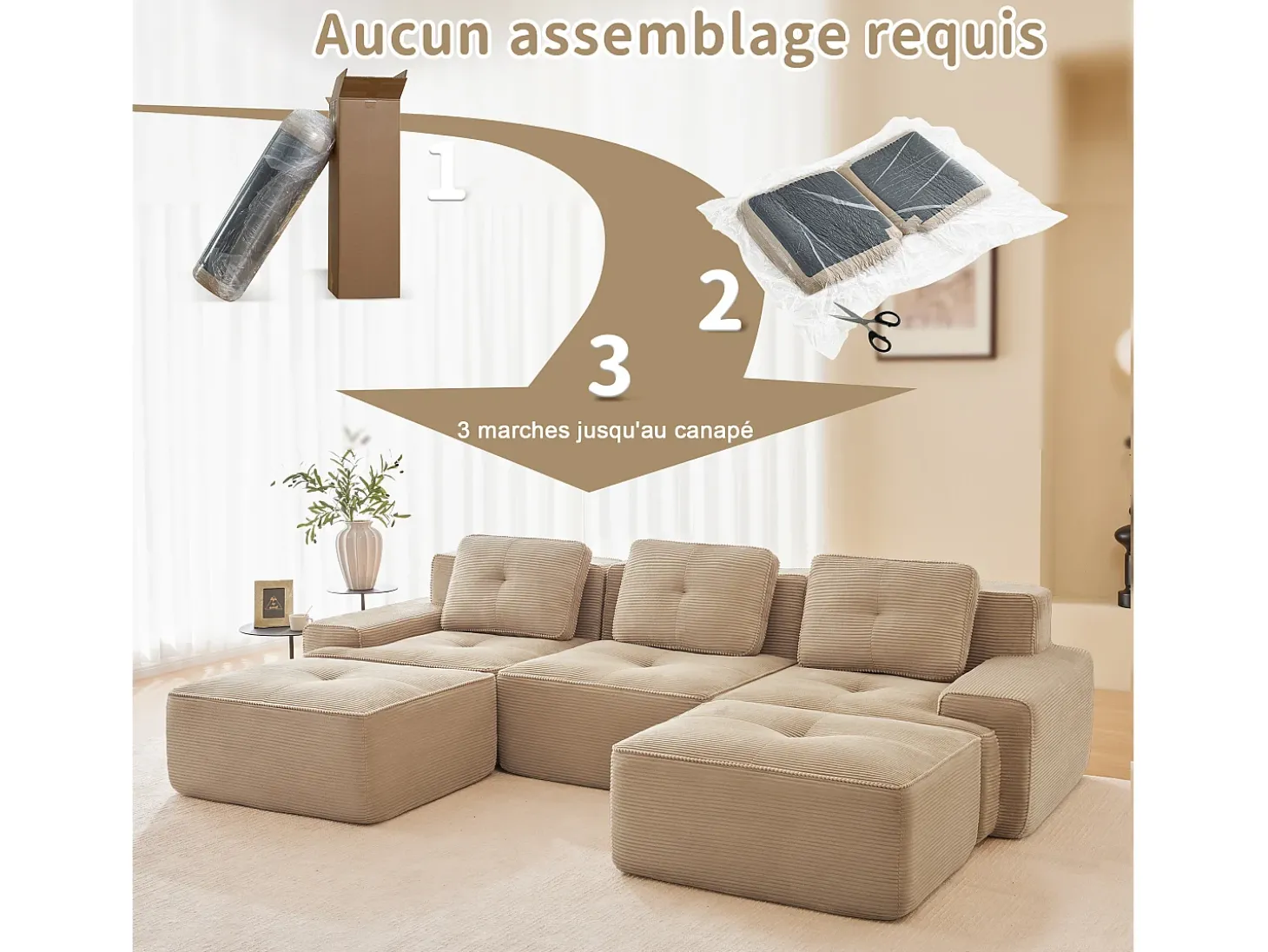 Sofá de Canto Modular Forma de U em Veludo cotelê, com 2 puffs e 3 almofadas, 293x177x69cm, Bege