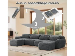 Sofá de Canto Modular Forma de U em tecido peluche, com 2 puffs e 4 almofadas, 378x179x73cm, Cinza