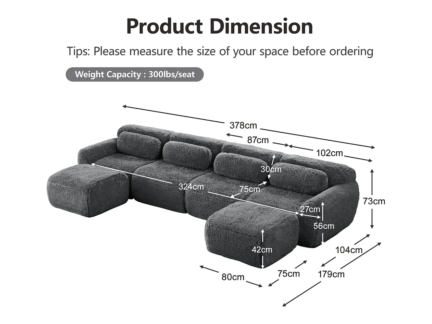 Sofá de Canto Modular Forma de U em tecido peluche, com 2 puffs e 4 almofadas, 378x179x73cm, Cinza