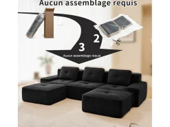 Sofá de Canto Modular Forma de U em Veludo cotelê, com 2 puffs e 3 almofadas, 293x177x69cm, Preto
