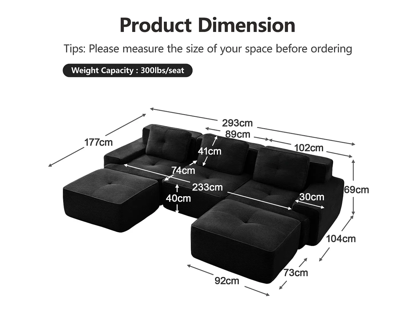 Sofá de Canto Modular Forma de U em Veludo cotelê, com 2 puffs e 3 almofadas, 293x177x69cm, Preto