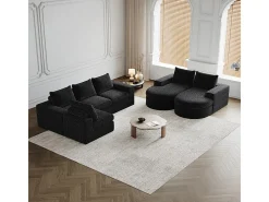 Sofá de Canto Modular Reversível 6 Lugares, com 6 Almofadas e Almofadas Cervicais, Tecido Chenille, Sala de Estar DIY, Preto