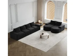 Sofá de Canto Modular Reversível 6 Lugares, com 6 Almofadas e Almofadas Cervicais, Tecido Chenille, Sala de Estar DIY, Preto