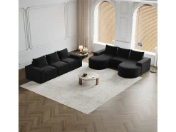 Sofá de Canto Modular Reversível 6 Lugares, com 6 Almofadas e Almofadas Cervicais, Tecido Chenille, Sala de Estar DIY, Preto