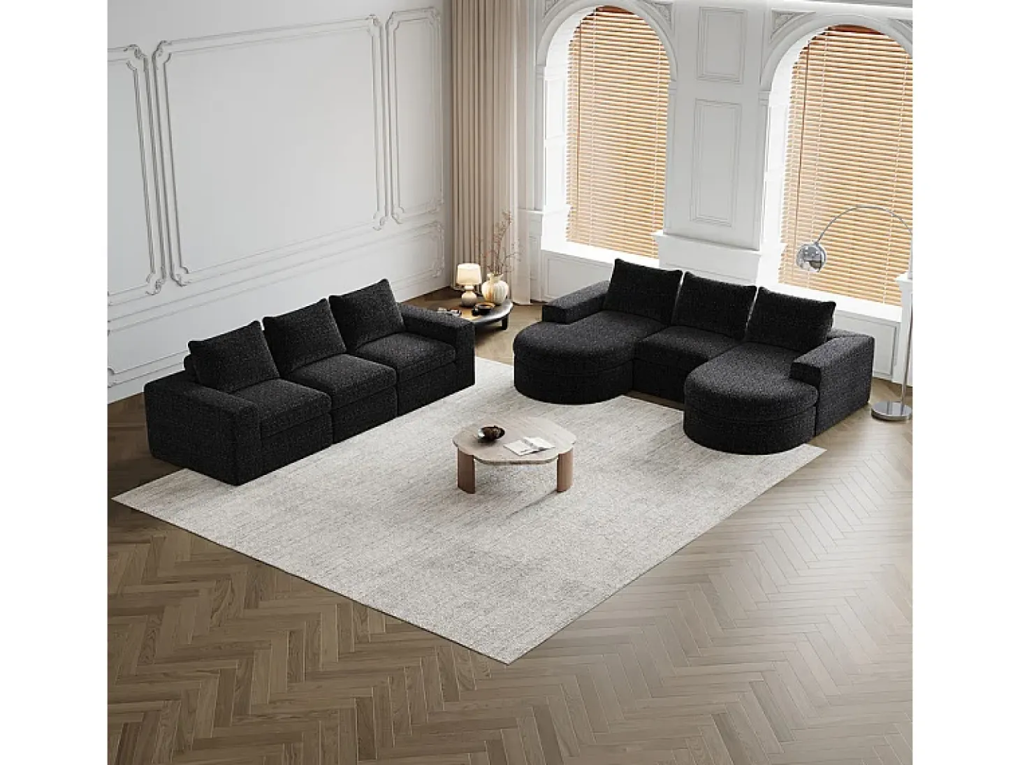 Sofá de Canto Modular Reversível 6 Lugares, com 6 Almofadas e Almofadas Cervicais, Tecido Chenille, Sala de Estar DIY, Preto