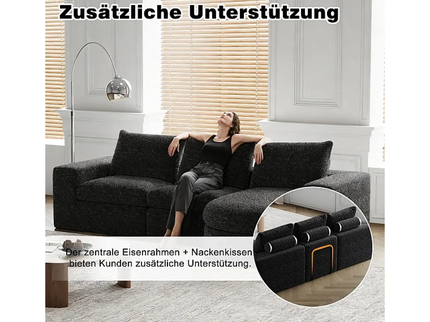 Sofá de Canto Modular Reversível 6 Lugares, com 6 Almofadas e Almofadas Cervicais, Tecido Chenille, Sala de Estar DIY, Preto