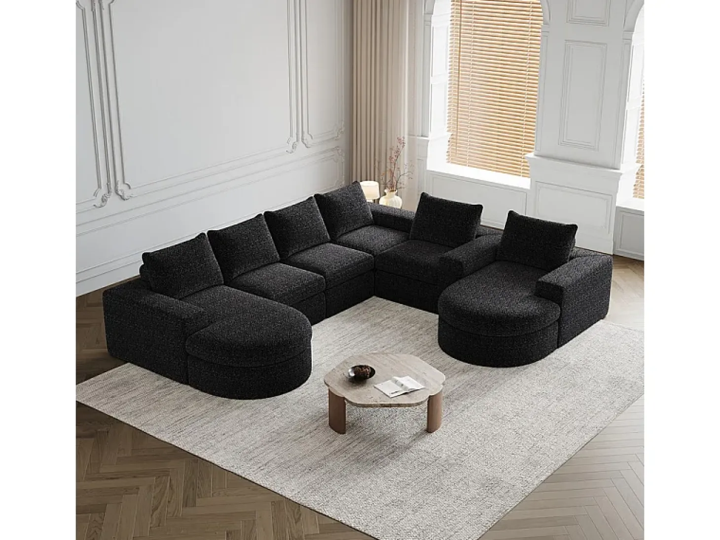 Sofá de Canto Modular Reversível 6 Lugares, com 6 Almofadas e Almofadas Cervicais, Tecido Chenille, Sala de Estar DIY, Preto