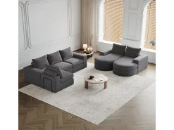 Sofá de Canto Modular Reversível 6 Lugares, com 6 Almofadas e Almofadas Cervicais, Tecido Chenille, Sala de Estar DIY, Cinza