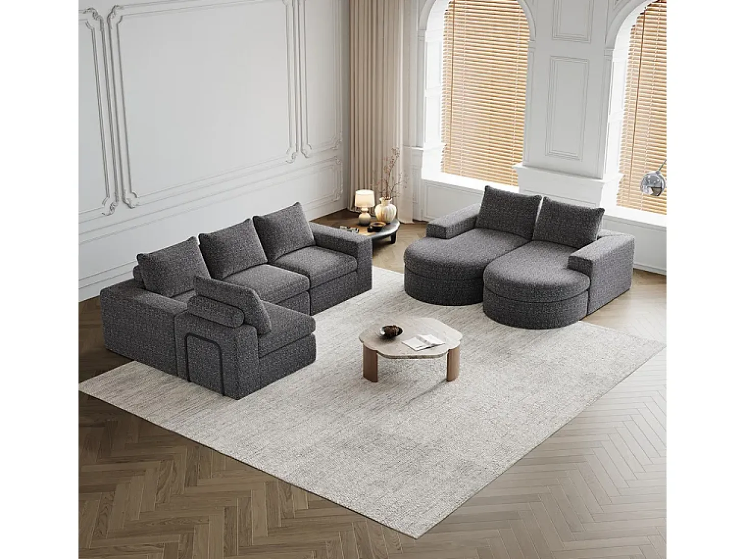 Sofá de Canto Modular Reversível 6 Lugares, com 6 Almofadas e Almofadas Cervicais, Tecido Chenille, Sala de Estar DIY, Cinza