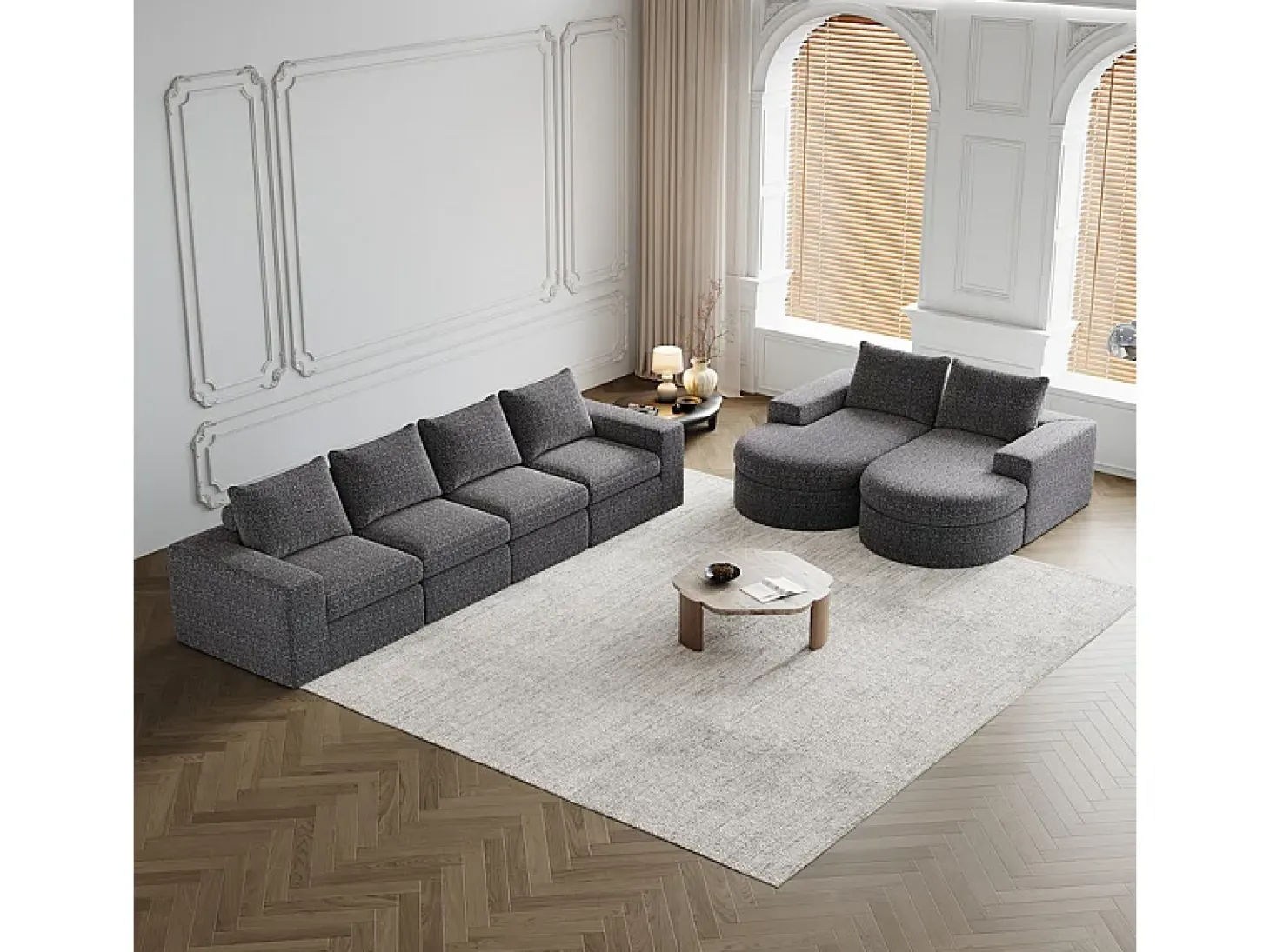 Sofá de Canto Modular Reversível 6 Lugares, com 6 Almofadas e Almofadas Cervicais, Tecido Chenille, Sala de Estar DIY, Cinza