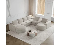 Sofá de Canto Modular Reversível 6 Lugares, com 6 Almofadas e Almofadas Cervicais, Tecido Chenille, Sala de Estar DIY, Bege