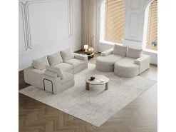 Sofá de Canto Modular Reversível 6 Lugares, com 6 Almofadas e Almofadas Cervicais, Tecido Chenille, Sala de Estar DIY, Bege