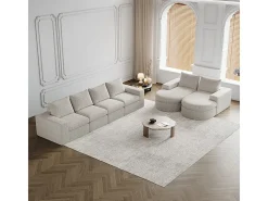 Sofá de Canto Modular Reversível 6 Lugares, com 6 Almofadas e Almofadas Cervicais, Tecido Chenille, Sala de Estar DIY, Bege