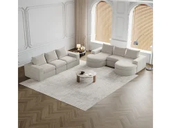 Sofá de Canto Modular Reversível 6 Lugares, com 6 Almofadas e Almofadas Cervicais, Tecido Chenille, Sala de Estar DIY, Bege