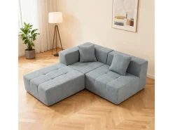 Sofá de canto modular tecido - pufe e 2 travesseiros - Cinzento - 270x100x60cm