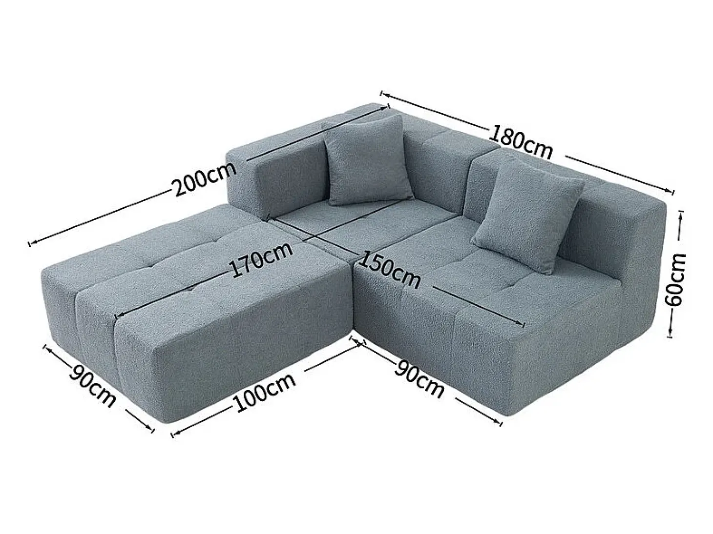 Sofá de canto modular tecido - pufe e 2 travesseiros - Cinzento - 270x100x60cm