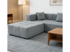 Sofá de canto modular tecido - pufe e 2 travesseiros - Cinzento - 270x100x60cm