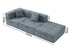 Sofá de canto modular tecido - pufe e 2 travesseiros - Cinzento - 270x100x60cm
