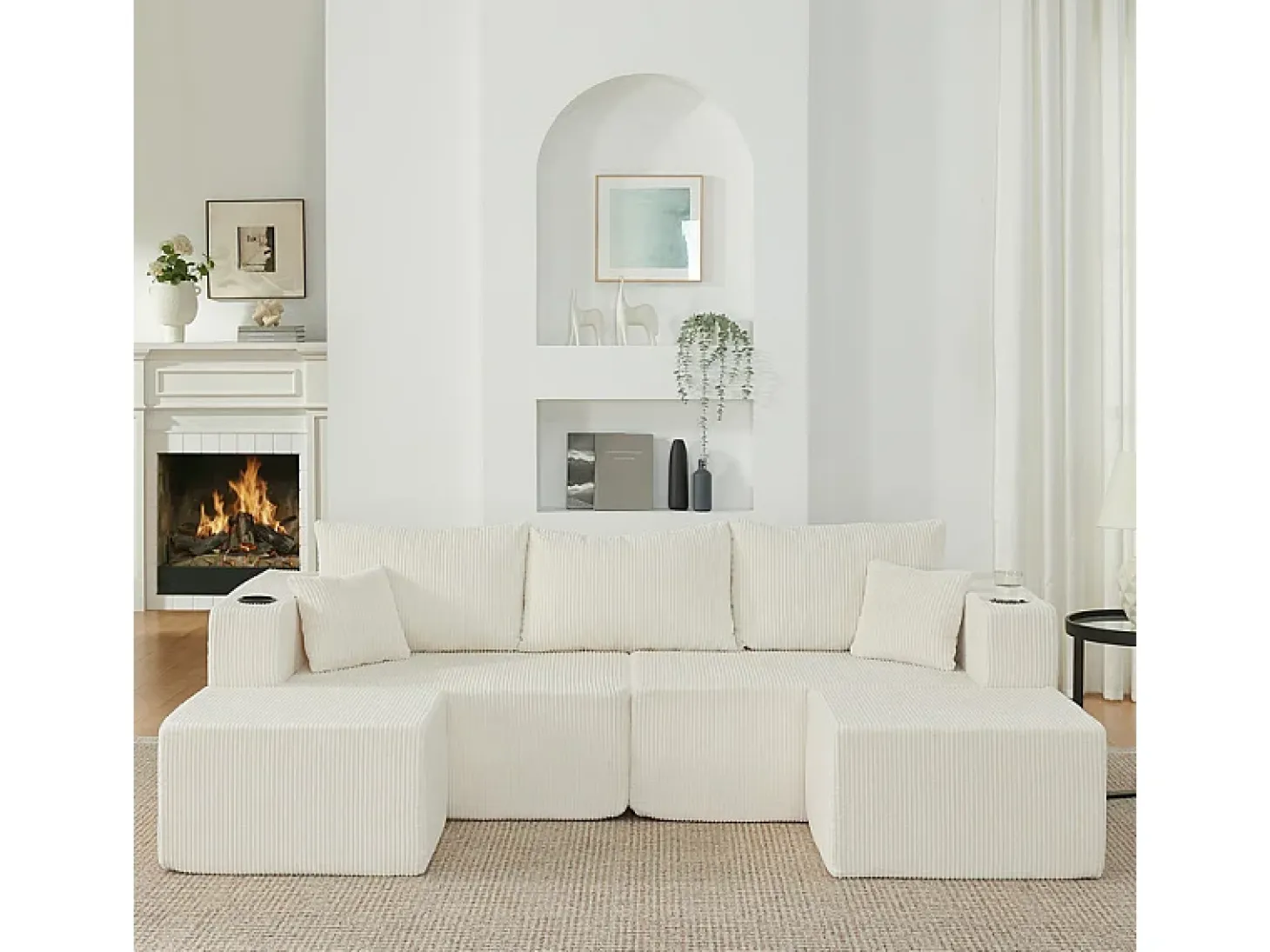 Sofá de canto modular veludo canelado, 2 pufes, porta-copos e almofadas, Bege, 230x138x75cm