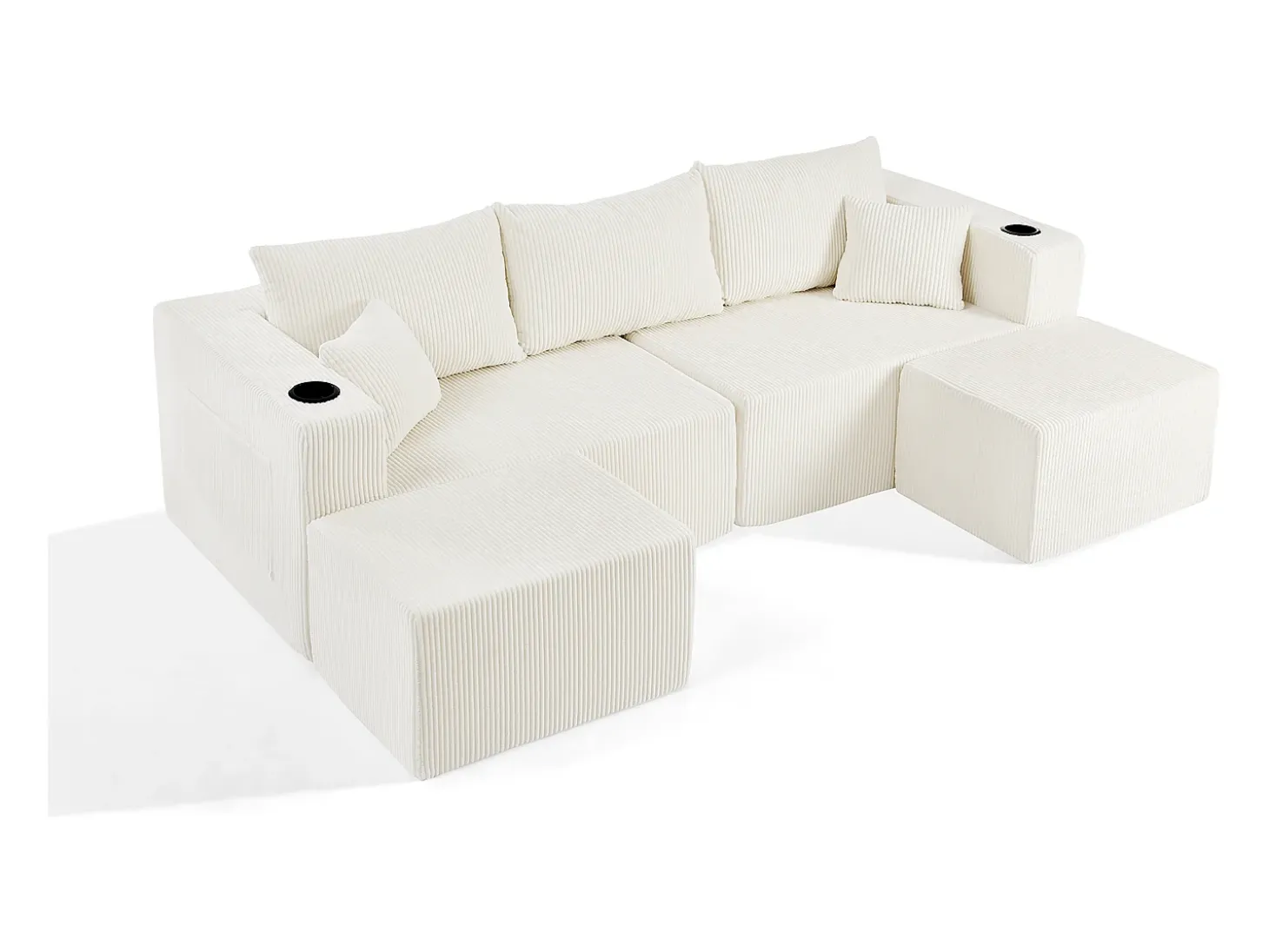 Sofá de canto modular veludo canelado, 2 pufes, porta-copos e almofadas, Bege, 230x138x75cm