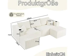 Sofá de canto modular veludo canelado, 2 pufes, porta-copos e almofadas, Bege, 230x138x75cm