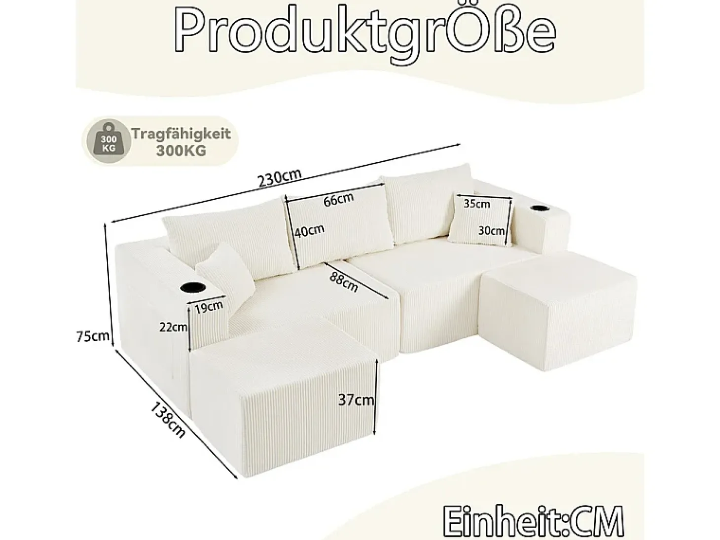 Sofá de canto modular veludo canelado, 2 pufes, porta-copos e almofadas, Bege, 230x138x75cm