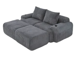 Sofá de canto modular veludo canelado, porta-copos, 2 pufes e 2 almofadas, 200x174x80cm, Cinzento antracite