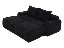 Sofá de canto modular veludo canelado, porta-copos, 2 pufes e 2 almofadas, 200x174x80cm, Preto