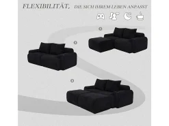 Sofá de canto modular veludo canelado, porta-copos, 2 pufes e 2 almofadas, 200x174x80cm, Preto