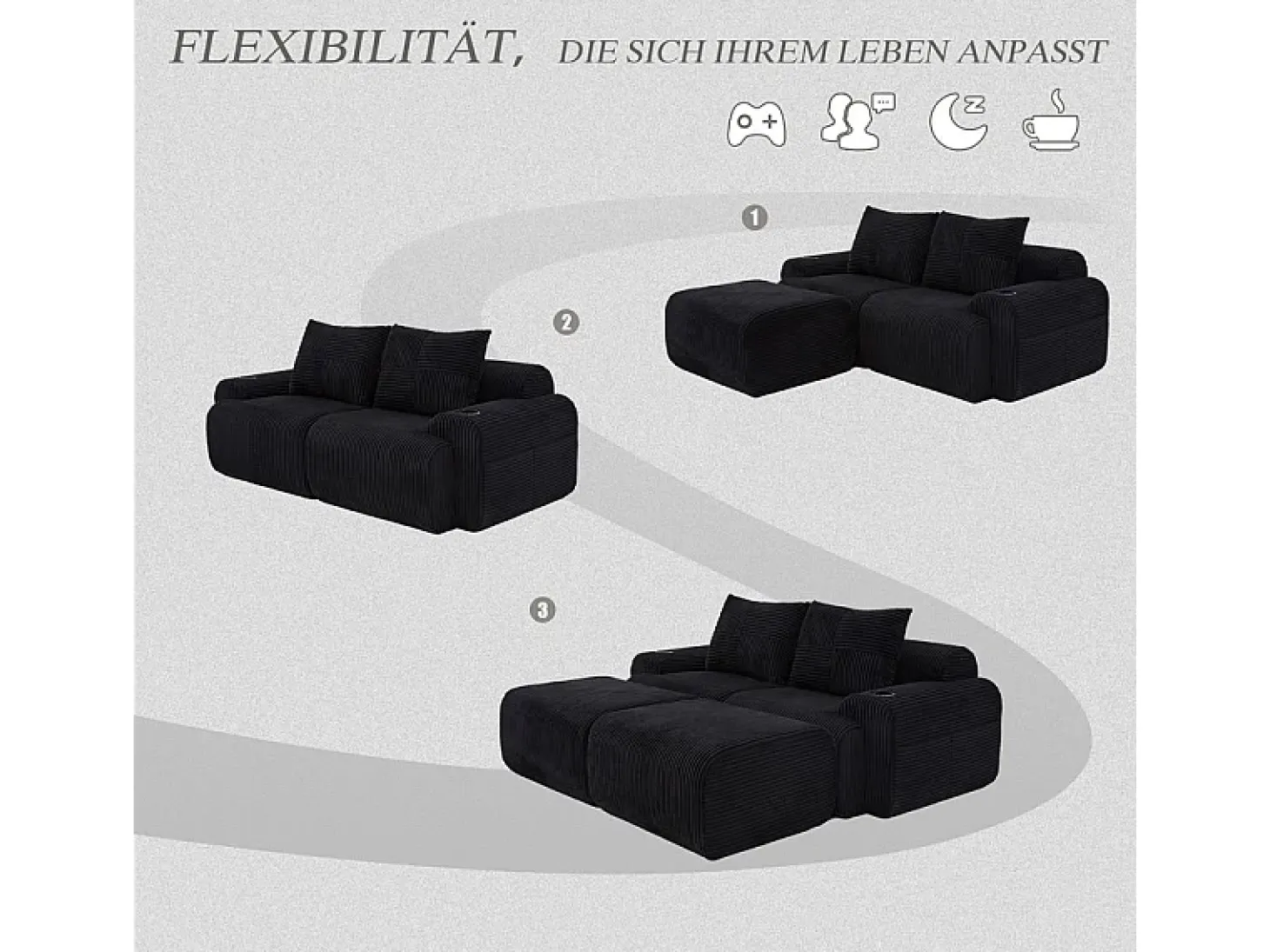 Sofá de canto modular veludo canelado, porta-copos, 2 pufes e 2 almofadas, 200x174x80cm, Preto