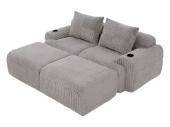 Sofá de canto modular veludo canelado, porta-copos, 2 pufes e 2 almofadas, 200x174x80cm, Cinzento claro