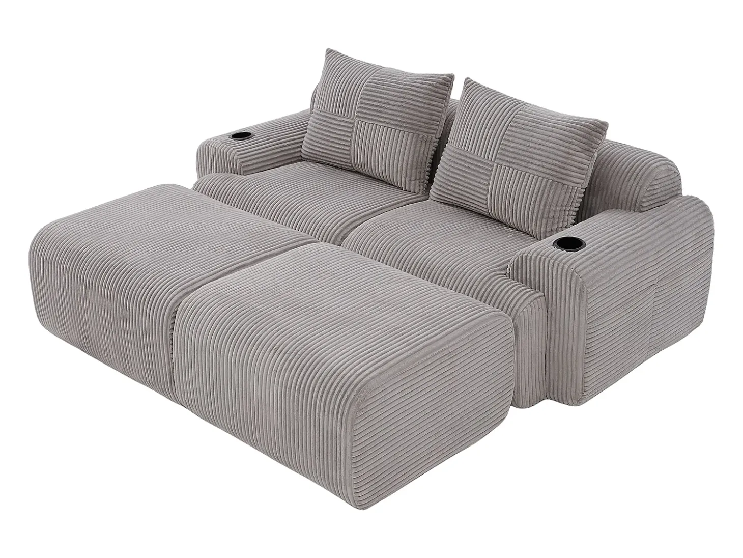 Sofá de canto modular veludo canelado, porta-copos, 2 pufes e 2 almofadas, 200x174x80cm, Cinzento claro