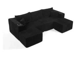 Sofá de canto modular veludo canelado, 2 pufes, porta-copos e almofadas, Preto, 230x138x75cm