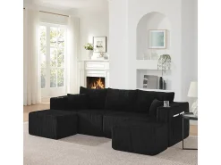 Sofá de canto modular veludo canelado, 2 pufes, porta-copos e almofadas, Preto, 230x138x75cm
