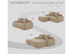 Sofá de canto modular veludo canelado, porta-copos, 2 pufes e 2 almofadas, 200x174x80cm, Cáqui
