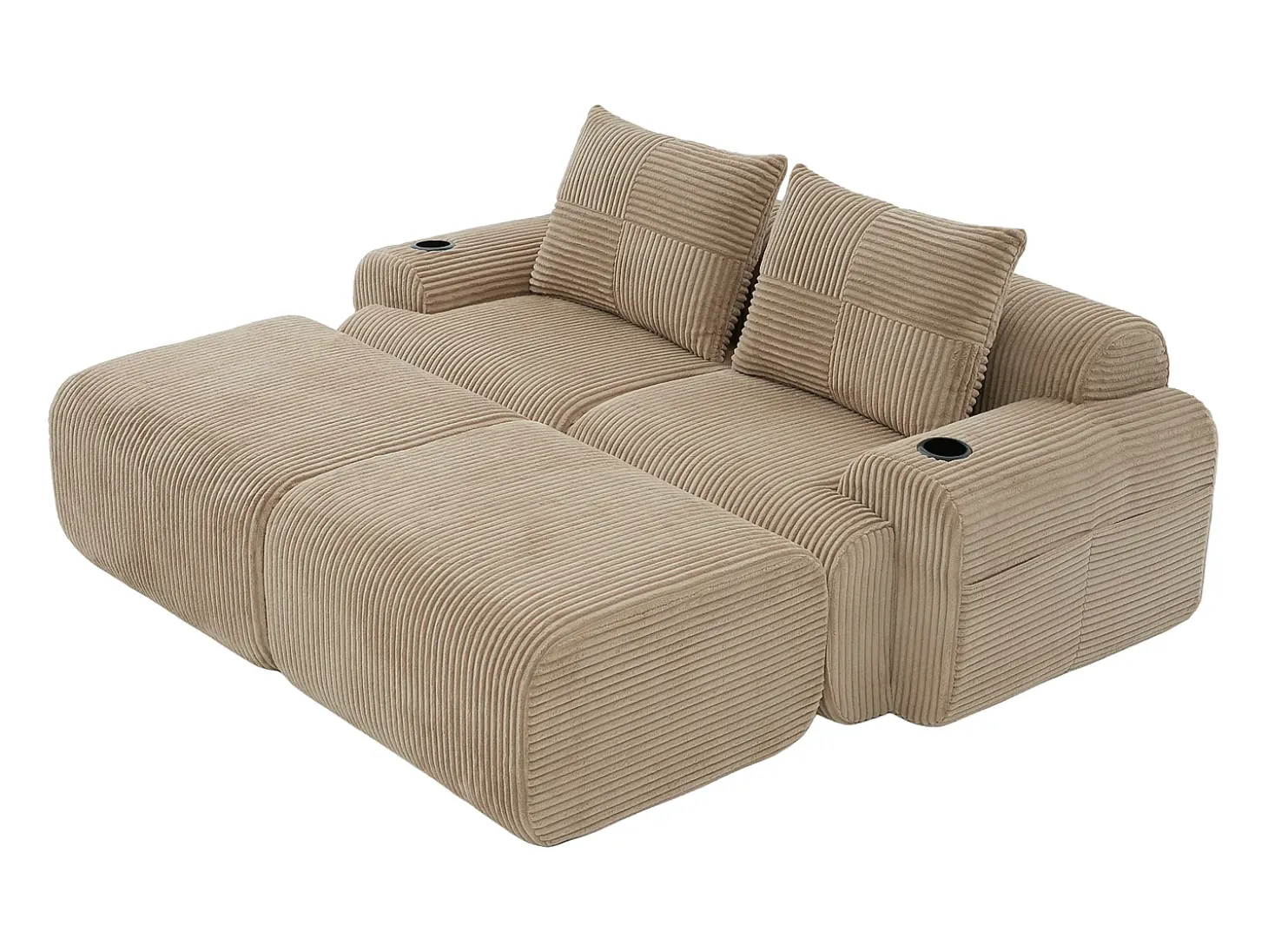 Sofá de canto modular veludo canelado, porta-copos, 2 pufes e 2 almofadas, 200x174x80cm, Cáqui