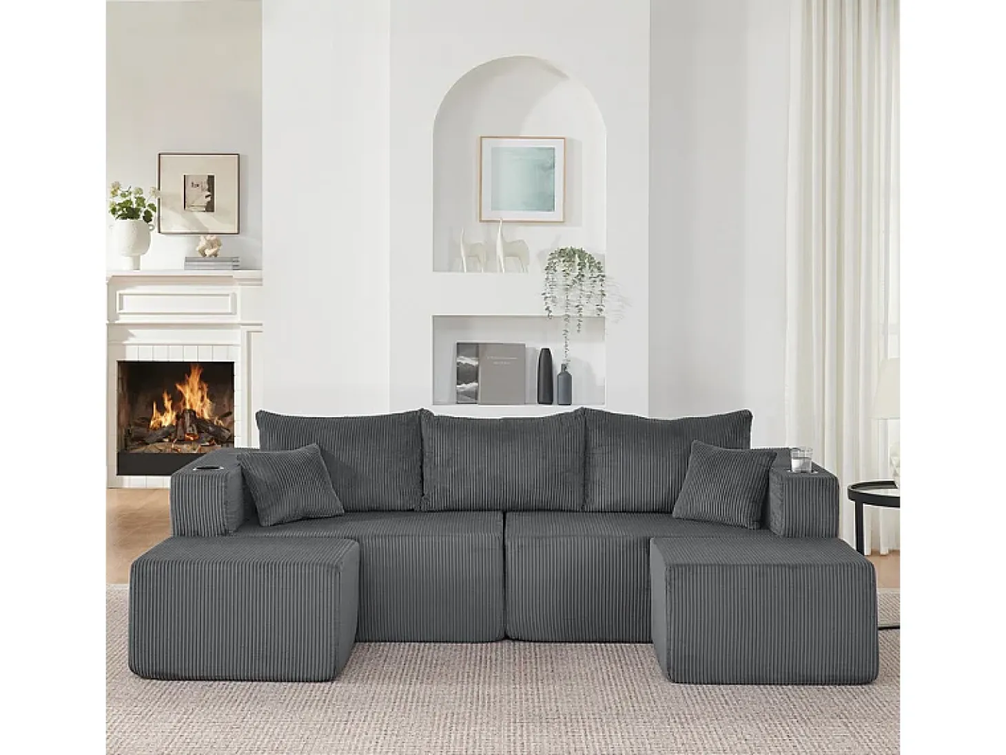 Sofá de canto modular veludo canelado, 2 pufes, porta-copos e almofadas, Cinzento, 230x138x75cm