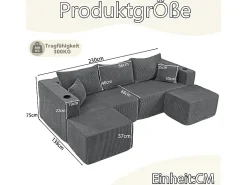 Sofá de canto modular veludo canelado, 2 pufes, porta-copos e almofadas, Cinzento, 230x138x75cm