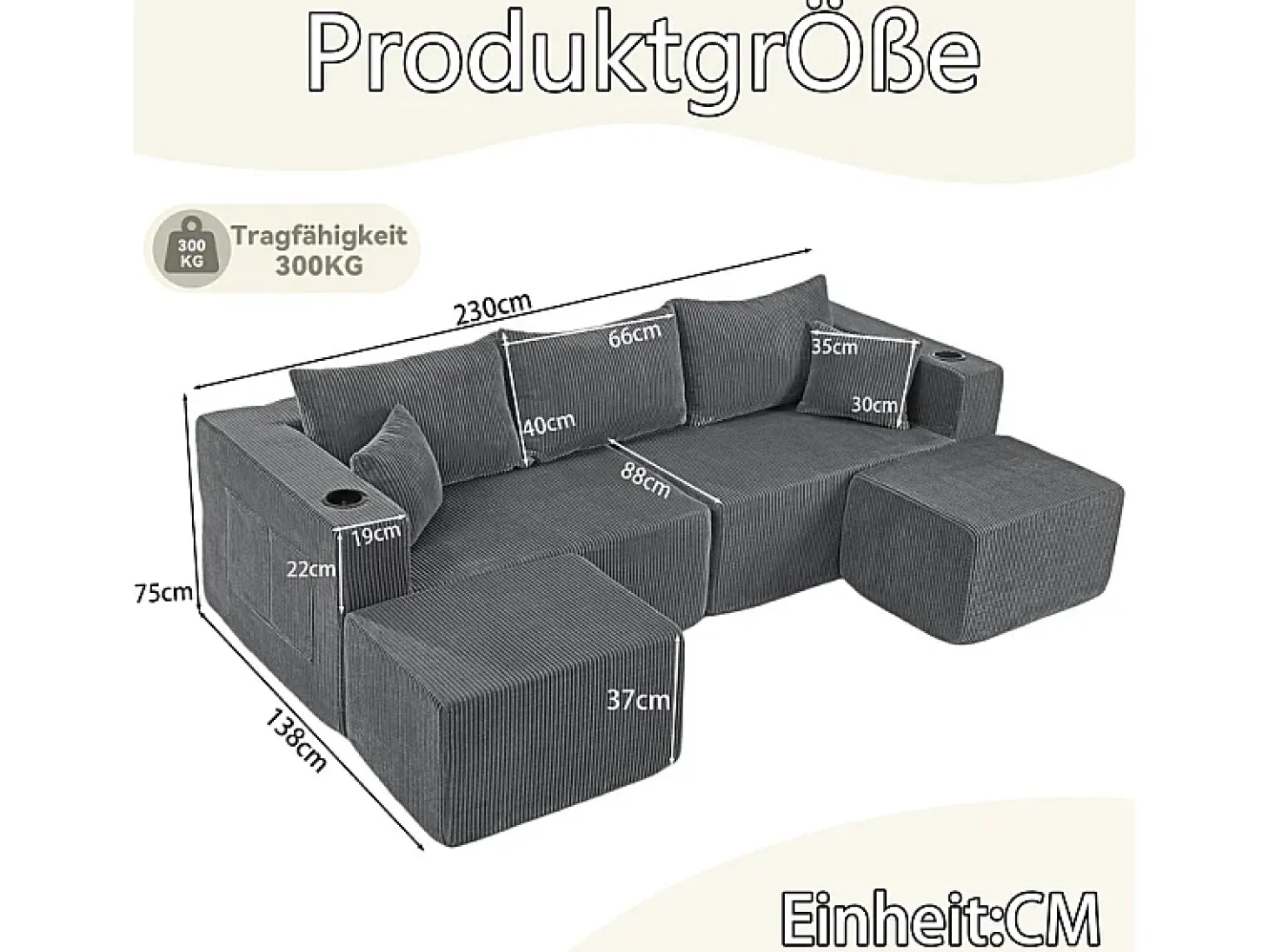Sofá de canto modular veludo canelado, 2 pufes, porta-copos e almofadas, Cinzento, 230x138x75cm