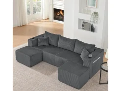 Sofá de canto modular veludo canelado, 2 pufes, porta-copos e almofadas, Cinzento, 230x138x75cm