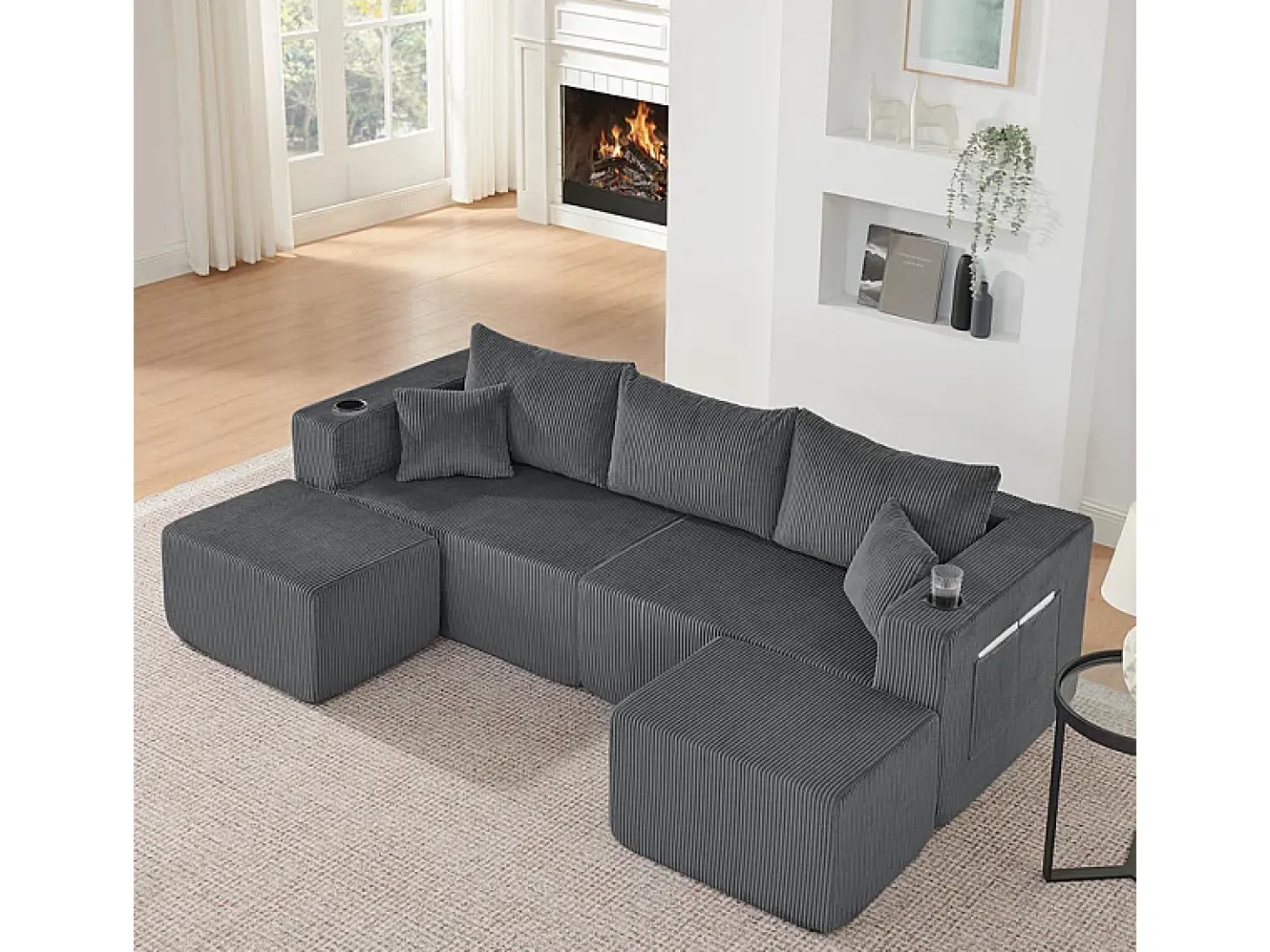 Sofá de canto modular veludo canelado, 2 pufes, porta-copos e almofadas, Cinzento, 230x138x75cm