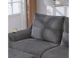 Sofá de canto modular veludo canelado, porta-copos, 2 pufes e 3 almofadas, 268x174x80cm, Cinzento antracite