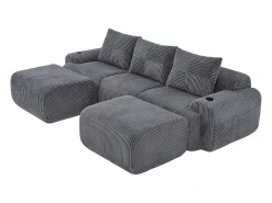 Sofá de canto modular veludo canelado, porta-copos, 2 pufes e 3 almofadas, 268x174x80cm, Cinzento antracite