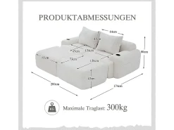 Sofá de canto modular veludo canelado, porta-copos, 2 pufes e 2 almofadas, 200x174x80cm, Bege