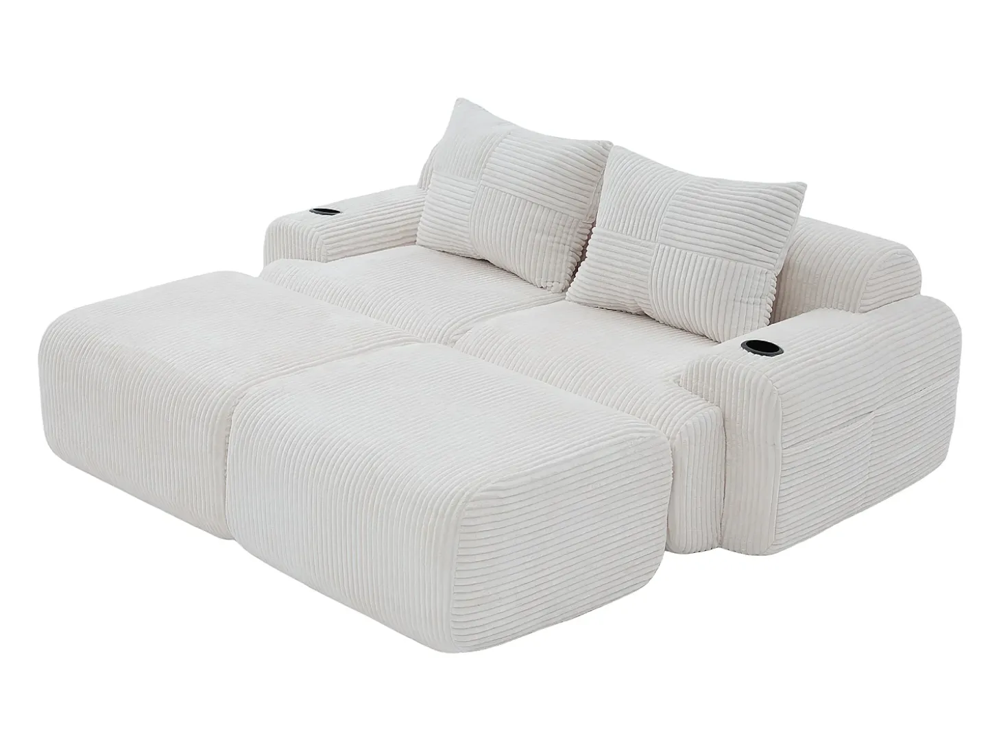 Sofá de canto modular veludo canelado, porta-copos, 2 pufes e 2 almofadas, 200x174x80cm, Bege