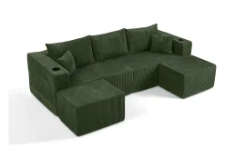 Sofá de canto modular veludo canelado, 2 pufes, porta-copos e almofadas, Verde, 230x138x75cm