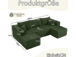 Sofá de canto modular veludo canelado, 2 pufes, porta-copos e almofadas, Verde, 230x138x75cm