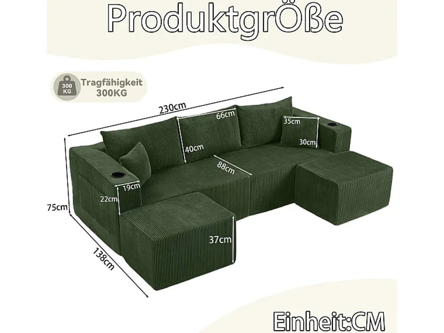 Sofá de canto modular veludo canelado, 2 pufes, porta-copos e almofadas, Verde, 230x138x75cm